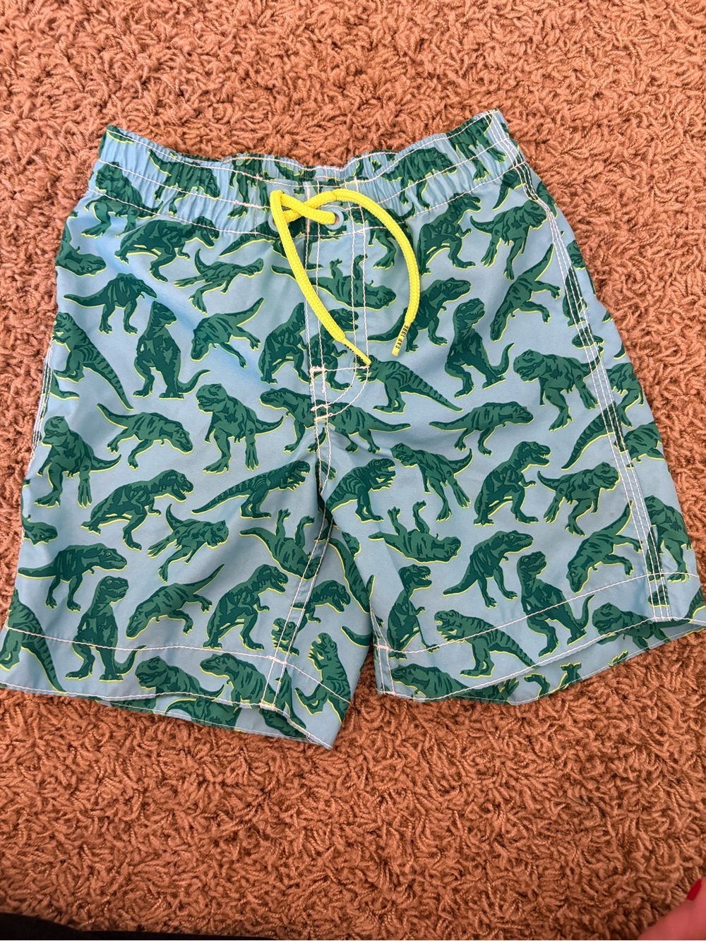 GAP Boys Blue Swim Trunks with Green Dinosaur Print and Yellow Drawstring 4T